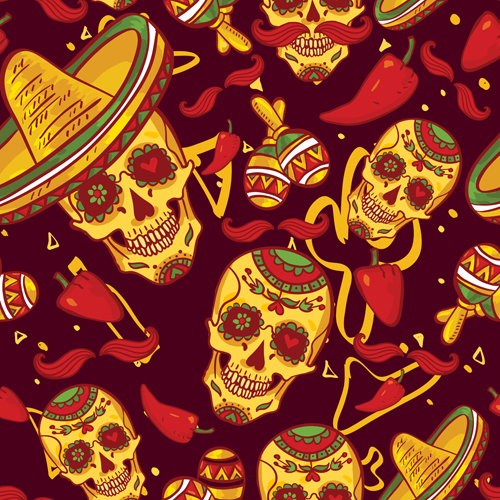 Floral skulls seamless pattern vector set 04