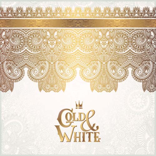 Gold lace with white ornaments background vector 10