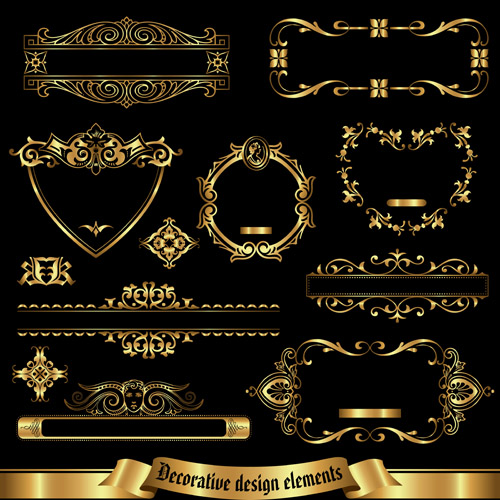 Shiny gold framed labels ornament vector 01