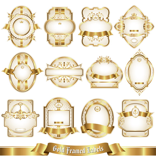 Shiny gold framed labels ornament vector 03