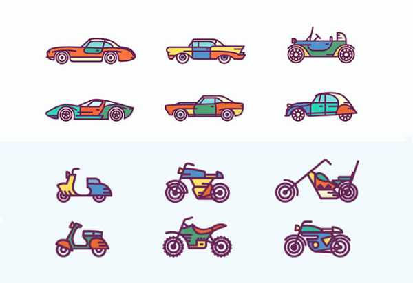 motorcycle icons hand drawn cars 