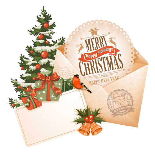 Retro xmas greeting cards vectors 02