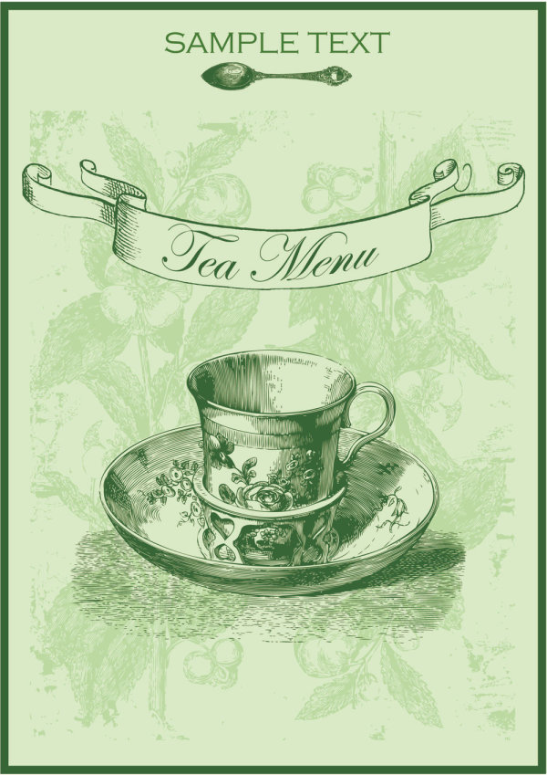 teacup spoon shading ribbon menu line green tea 