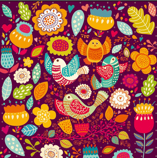 Cartoon birds and flowers pattern vector