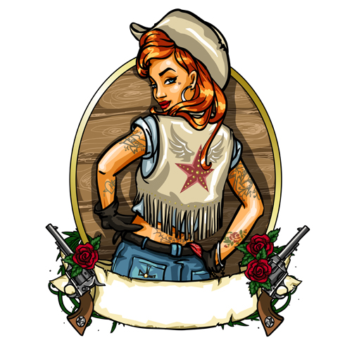 Cowboy girl with vintage labels vector 04