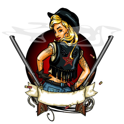 Cowboy girl with vintage labels vector 05