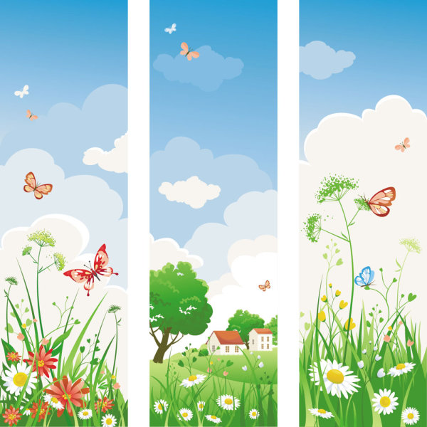 Spring is in the air. flowers clouds cartoon cabin butterfly banners banner 