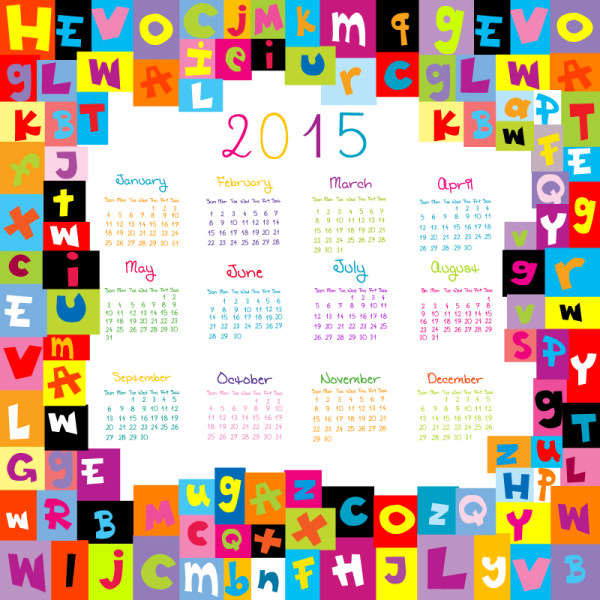 colored calendar alphabet 2015 