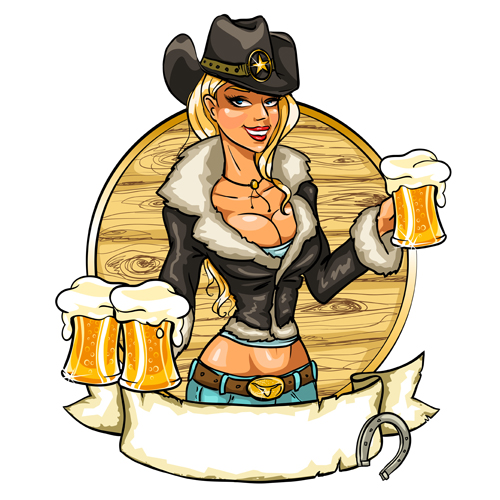 Cowboy girl with vintage labels vector 01