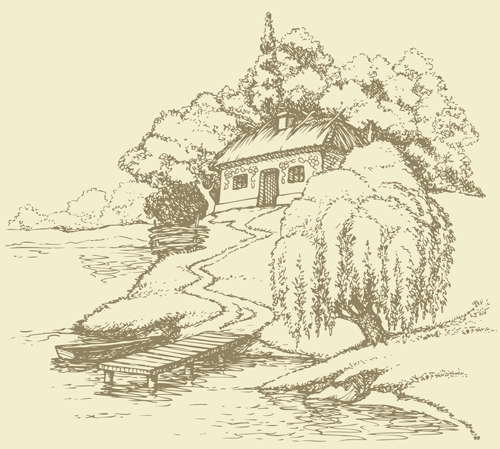 Drawing landscape countryside vector set 03
