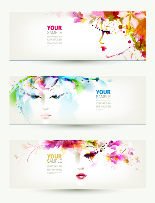 Watercolor floral girls banner vector 01