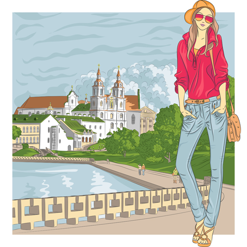 Fashion girl with urban life vector 03