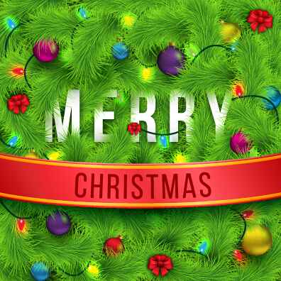 Green needles background and christmas baubles vector