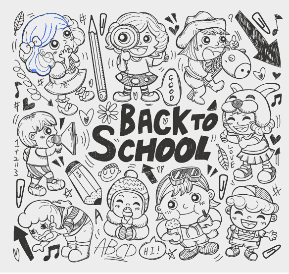 Hand drawn kids with school elements vector