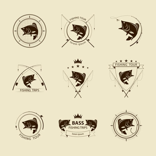 Retro fishing labels design vector material 02