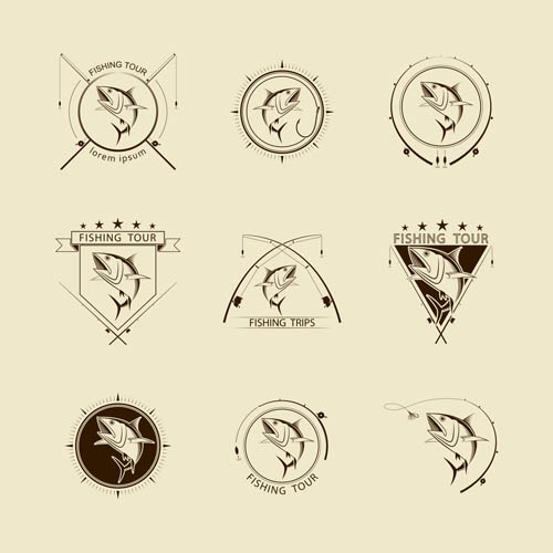 Retro fishing labels design vector material 03