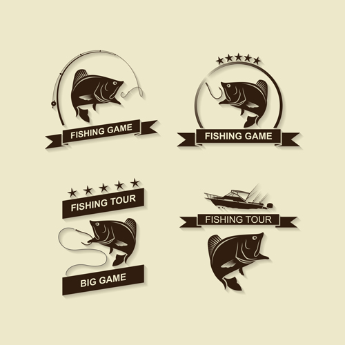 Retro fishing labels design vector material 04