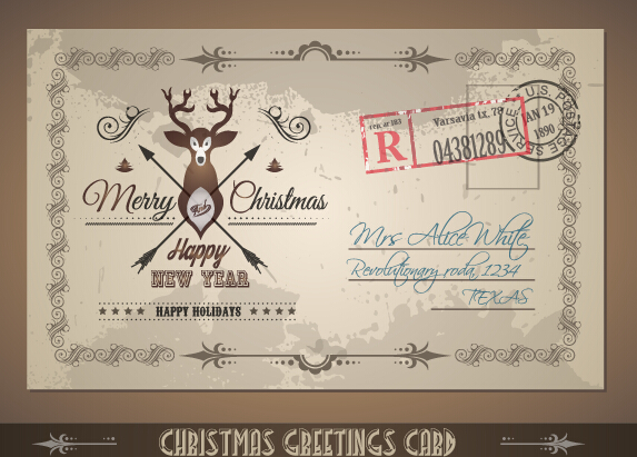 Vintage merry christmas postcard vectors tamplate 03