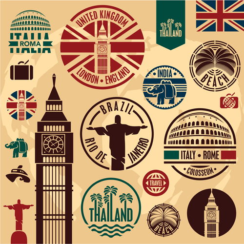Various Travel stamps design vector 09