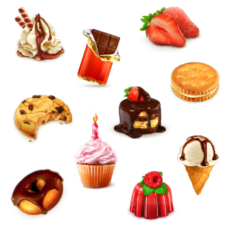 Cookies with sweets and cake vector icons set 02