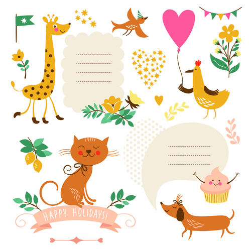 Cute animals with labels design vector 01