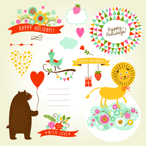 Cute animals with labels design vector 03