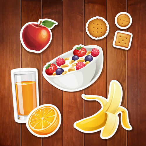Food stickers and wood background creative vectors 03 Food stickers and wood background creative vectors 03