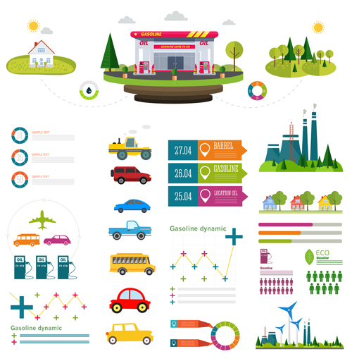 Gasoline oil with gas station infographic vector 04