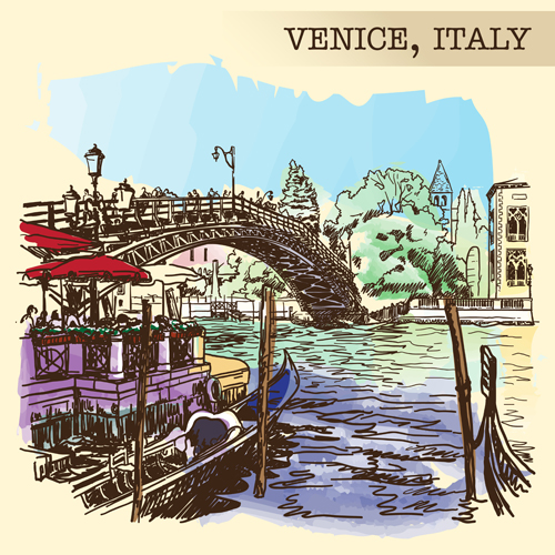 Venice town hand drawn background 