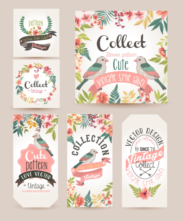 Vintage cute bird cards vectors