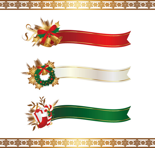 Christmas ribbon banners with snowflake borders vector Christmas ribbon banners with snowflake borders vector