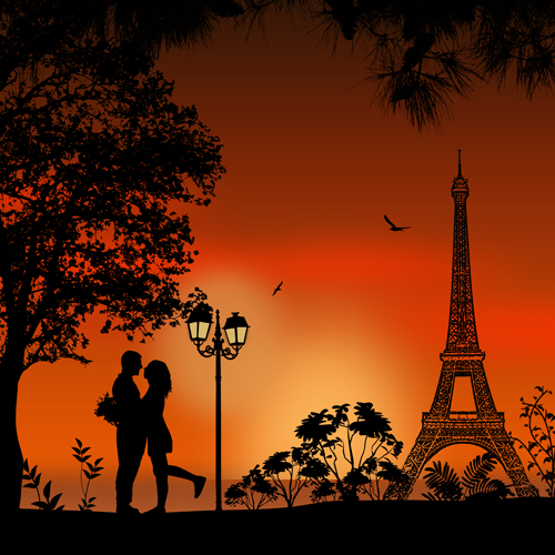 Night paris with lovers vector set 01 Night paris with lovers vector set 01
