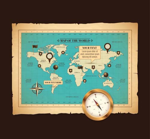 Retro world map and compass vector Retro world map and compass vector