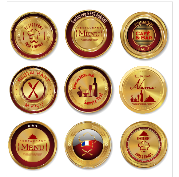 Shiny golden restaurant labels vector 02 Shiny golden restaurant labels vector 02