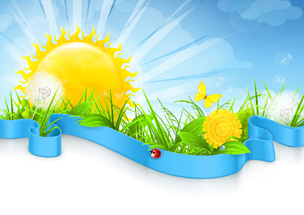 Cartoon sun with spring vector background 04 Cartoon sun with spring vector background 04