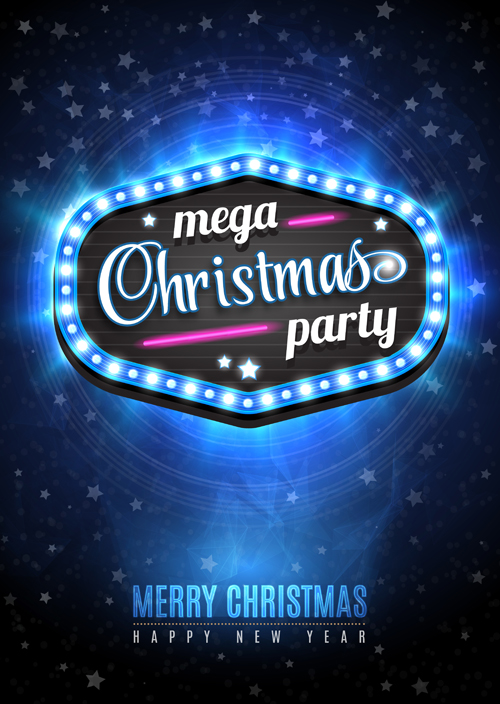 Christmas party with neon poster vector Christmas party with neon poster vector