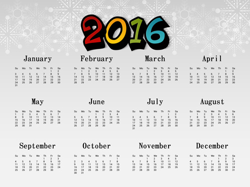 Modern 2016 calender with snowflake background Modern 2016 calender with snowflake background