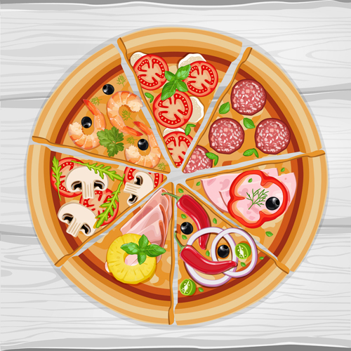 Pizza slice and wooden background vector Pizza slice and wooden background vector