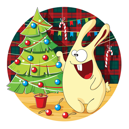 Cartoon bunny decorates with christmas tree vector Cartoon bunny decorates with christmas tree vector