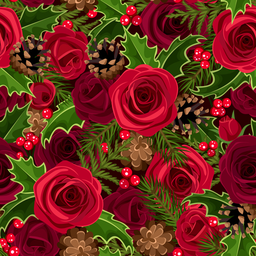 Christmas holly berries and fir cone with rose seamless pattern vector Christmas holly berries and fir cone with rose seamless pattern vector