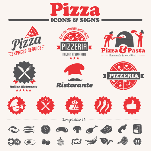 Vintage pizza icons with logos vector