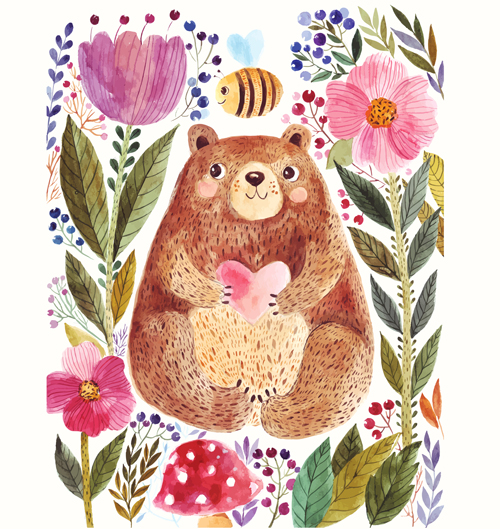 Hand drawn bear with flower vector 01 Hand drawn bear with flower vector 01