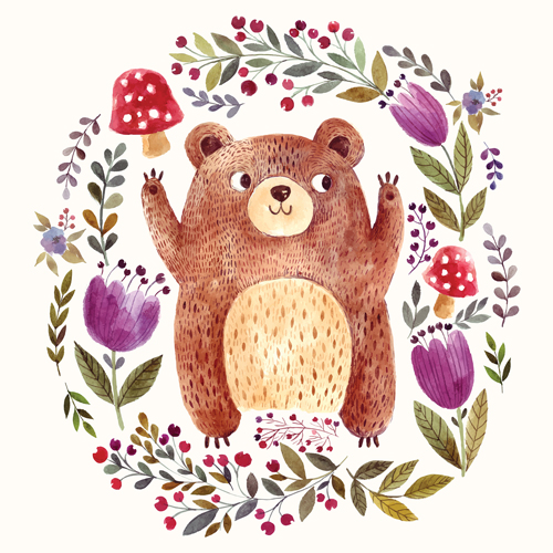 Hand drawn bear with flower vector 02 Hand drawn bear with flower vector 02