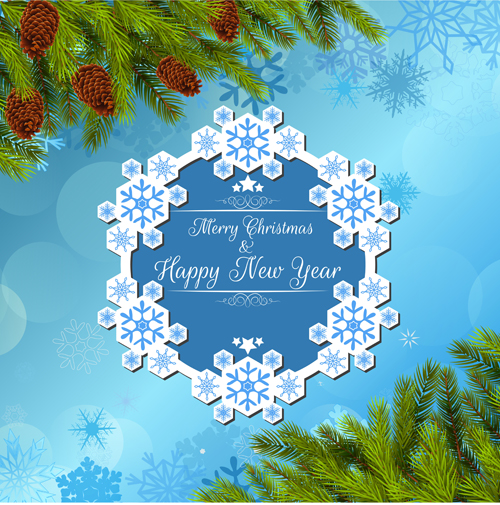 Snowflake frame with pine branches background vector 02