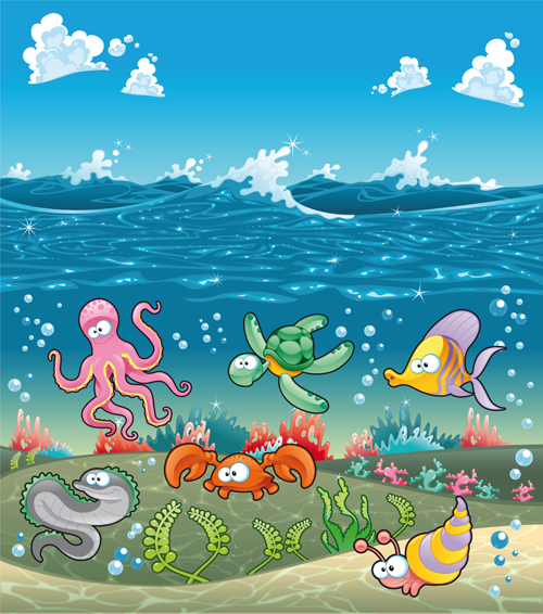 Underwater world with marine animal design vector 01 Underwater world with marine animal design vector 01