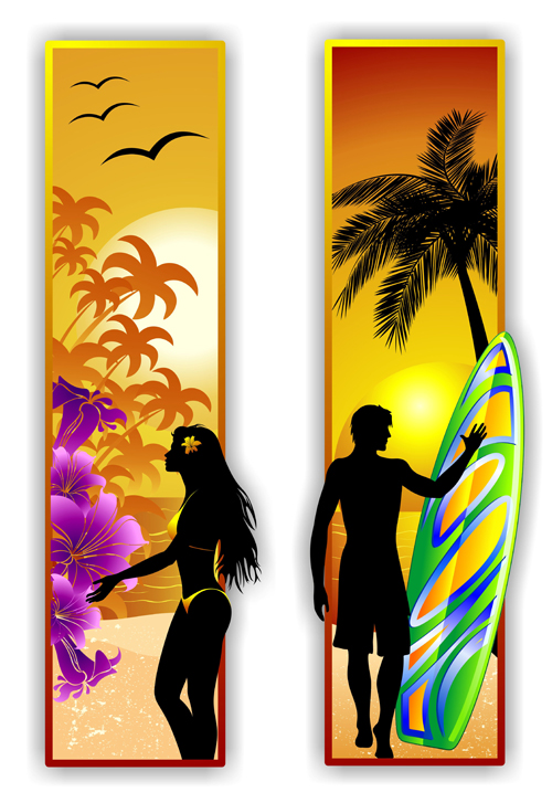 Beach travel people silhouette banner vector 02 Beach travel people silhouette banner vector 02