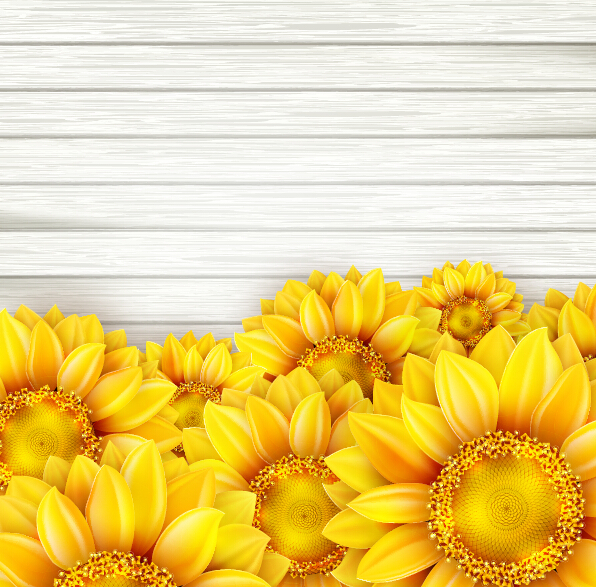Beautiful sunflowers with wooden background vector 04 Beautiful sunflowers with wooden background vector 04