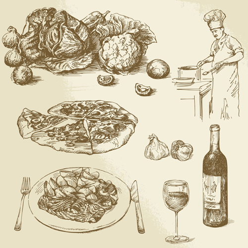 Chef with cooking hand drawn vector 01 Chef with cooking hand drawn vector 01