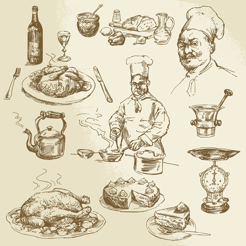 Chef with cooking hand drawn vector 02 Chef with cooking hand drawn vector 02
