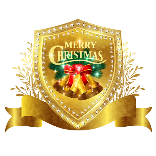Christmas golden shield with ribbon vector 02 Christmas golden shield with ribbon vector 02
